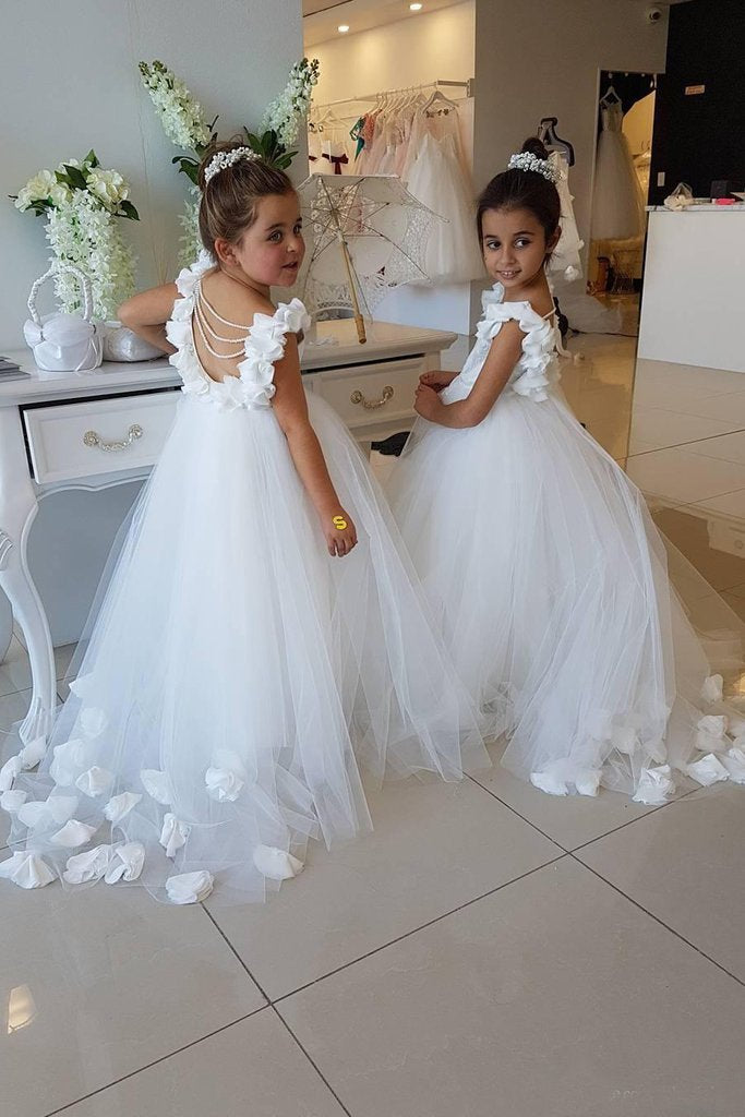 Cute Off White Tulle Backless Flower Girl Dresses with Pearl Lace Baby Dresses JS878