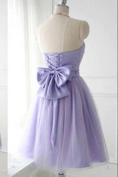 Cute Strapless Flower Lavender Chiffon Short Bridesmaid Dresses with Bow Prom Dresses RS962
