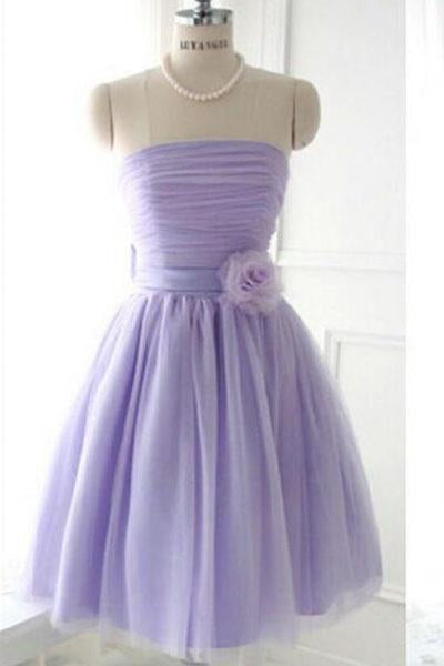 Cute Strapless Flower Lavender Chiffon Short Bridesmaid Dresses with Bow Prom Dresses RS962