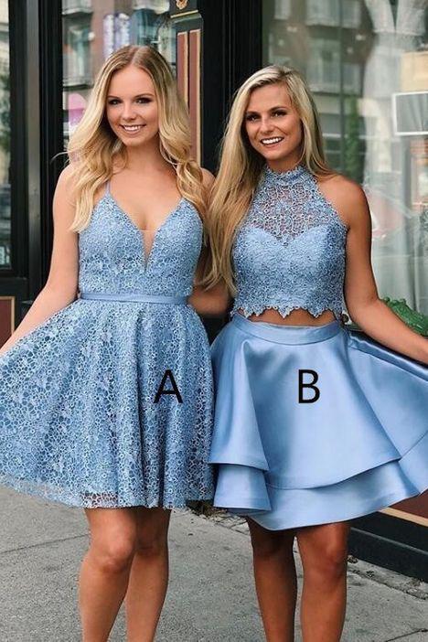 Cute V Neck Blue Short Prom Dresses Above Knee Homecoming Dress Cocktail Dresses H1062