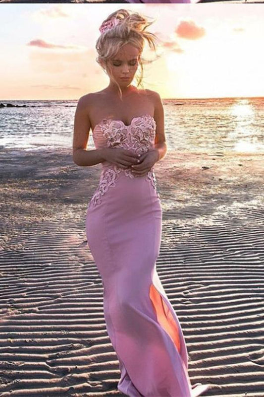 Sexy Mermaid Sweetheart Pink Strapless Satin Sleeveless Prom Dress with Applique Split RS804