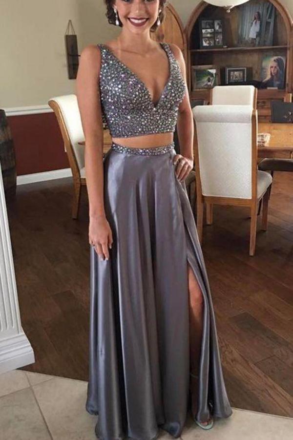 Sexy A Line Two Pieces V Neck Satin Split Side With Beading Prom Dresses RS42