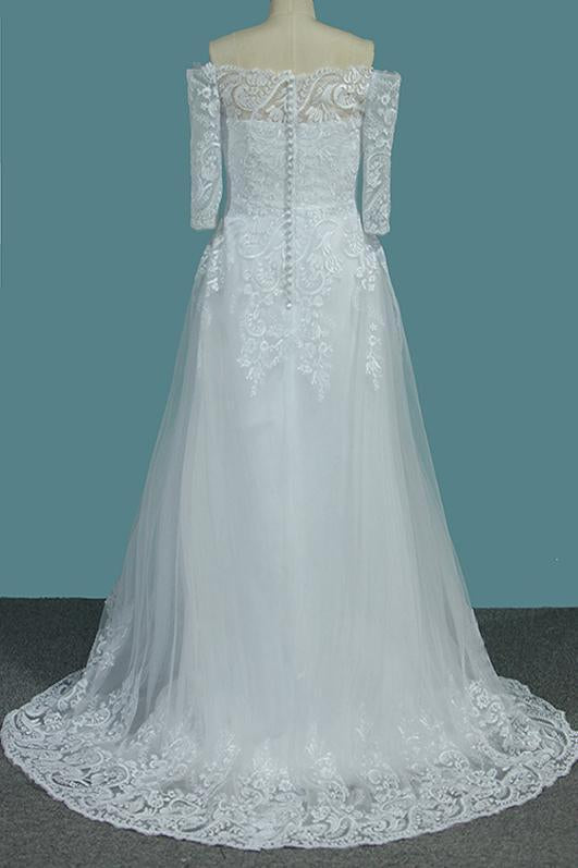 A Line White Off the Shoulder Half Sleeves Lace Appliques Tulle Wedding Dresses RS817