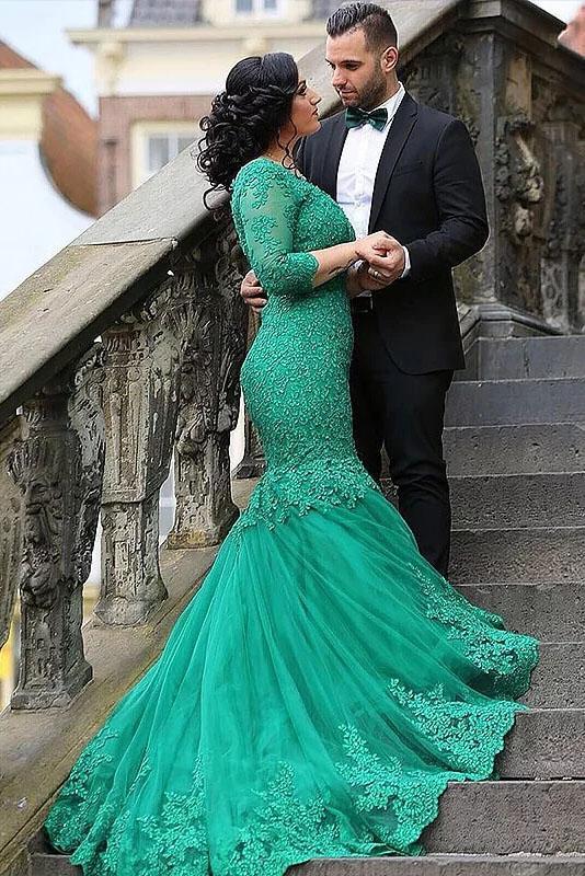 Sexy Green Mermaid V Neck Tulle Applique 3/4 Sleeves Sweep Train Plus Size Prom Dresses RS163