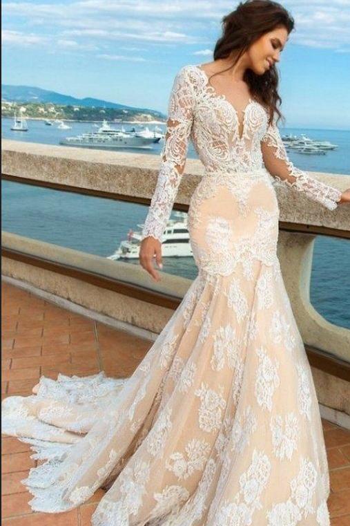 2024 White Lace Mermaid Deep V-Neck Backless Long Sleeve Wedding Dresses RS835