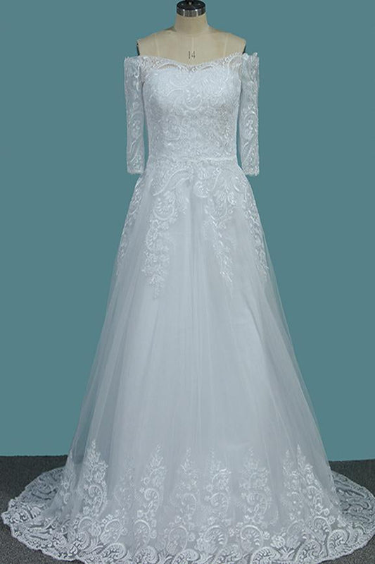 A Line White Off the Shoulder Half Sleeves Lace Appliques Tulle Wedding Dresses RS817