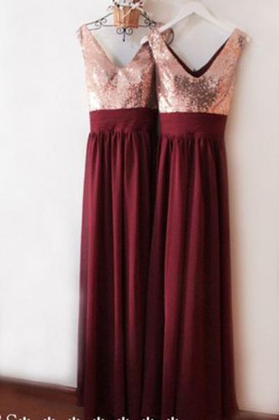 Dark Burgundy V Neck Chiffon Bridesmaid Dresses with Sequin V Back Prom Dresses RS837