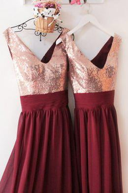Dark Burgundy V Neck Chiffon Bridesmaid Dresses with Sequin V Back Prom Dresses RS837