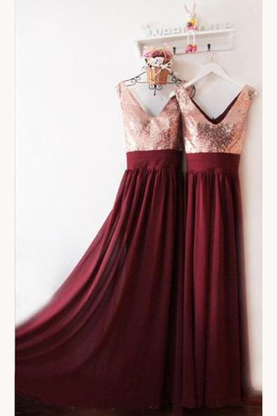 Dark Burgundy V Neck Chiffon Bridesmaid Dresses with Sequin V Back Prom Dresses RS837