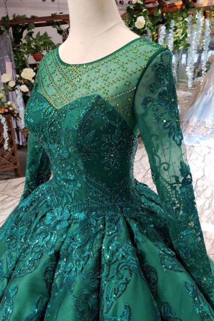 Dark Green Long Sleeves Ball Gown Prom Dress with Beads Lace up Quinceanera Dresses RS972
