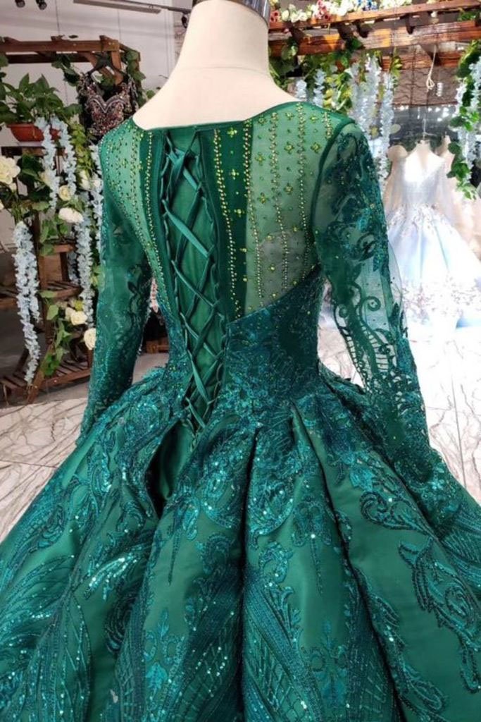 Dark Green Long Sleeves Ball Gown Prom Dress with Beads Lace up Quinceanera Dresses RS972