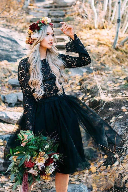 Dark Navy Long Sleeve Lace Homecoming Dresses with Tulle Knee Length Cocktail Dresses H1055