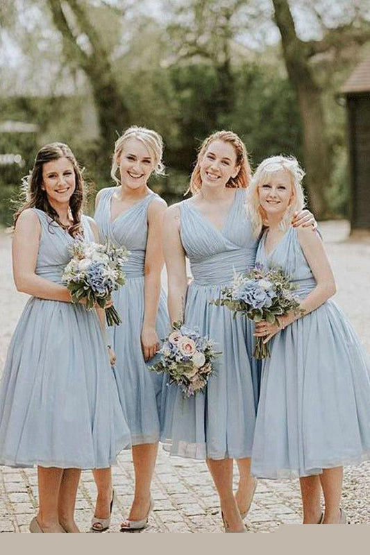 Dusty Blue V Neck Chiffon Short Cheap Ruffles Bridesmaid Dresses Short Prom Dresses RS960