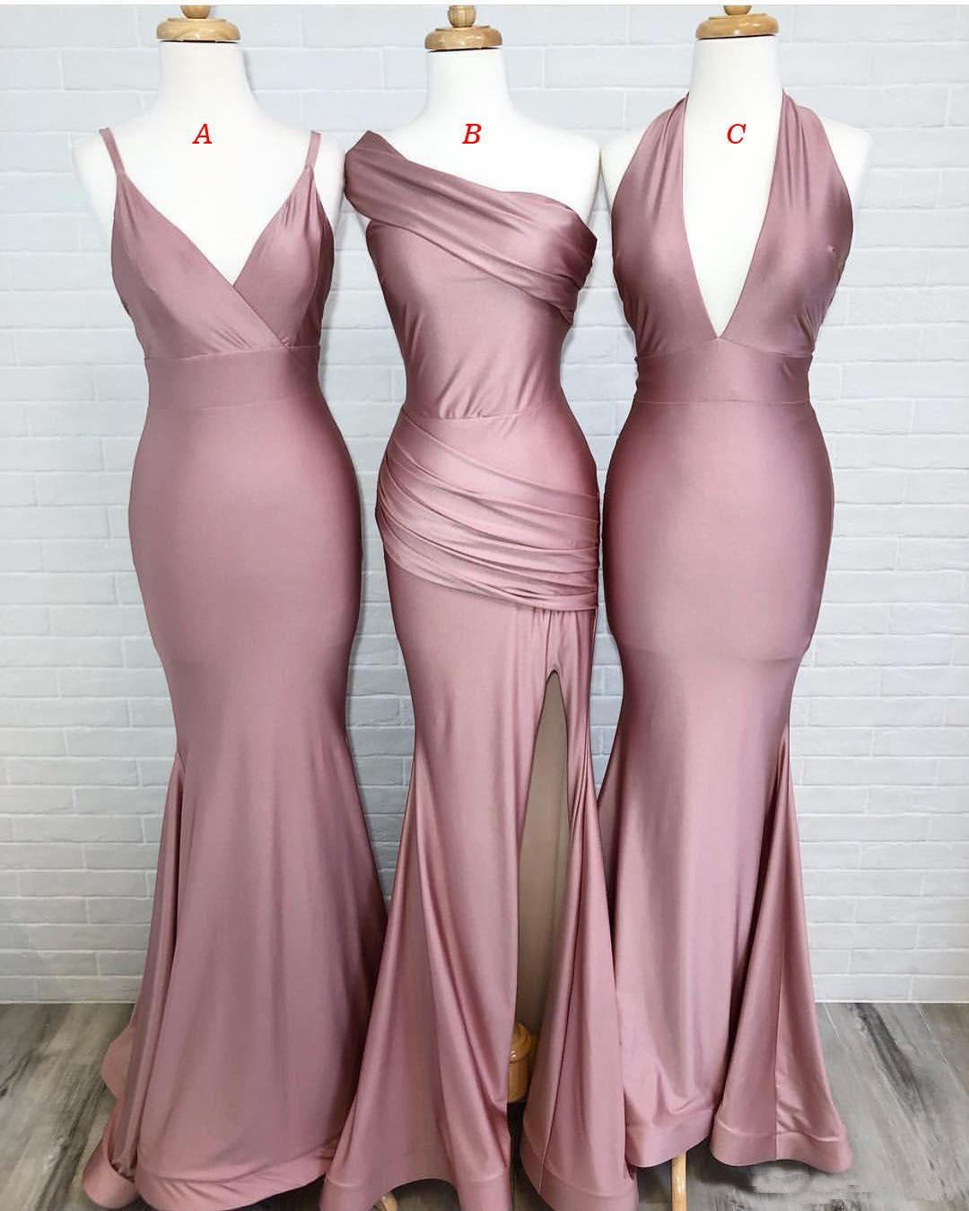 Dusty Rose Mermaid V Neck Split Side Long Evening Gowns Bridesmaid Dresses RS987