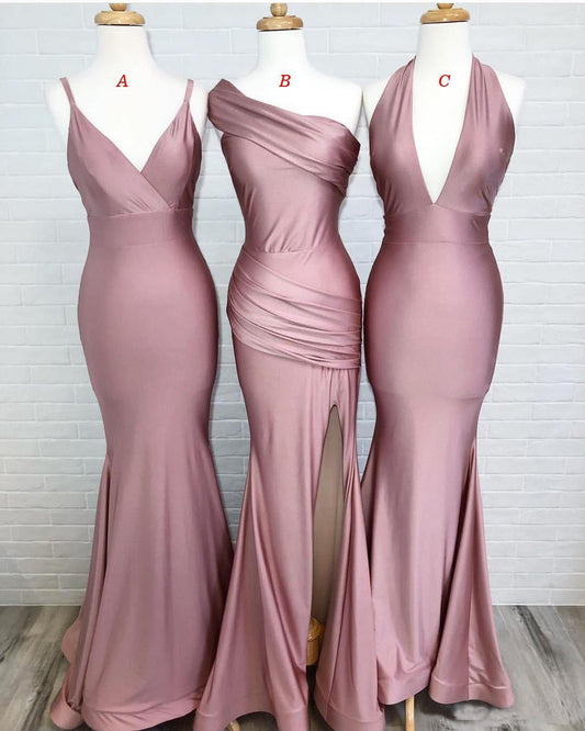 Dusty Rose Mermaid V Neck Split Side Long Evening Gowns Bridesmaid Dresses RS987