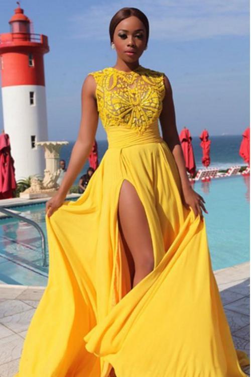 Sexy Elegant A line Yellow Chiffon Cap Sleeves Lace Evening Prom Dresses RS796