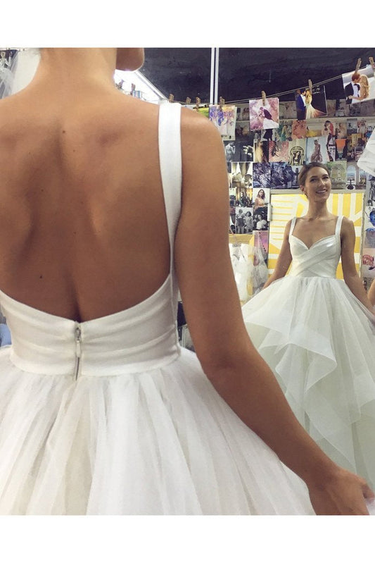 Elegant Ivory Tulle V Neck Spaghetti Straps Wedding Dresses Long Cheap Prom Dresses P1024