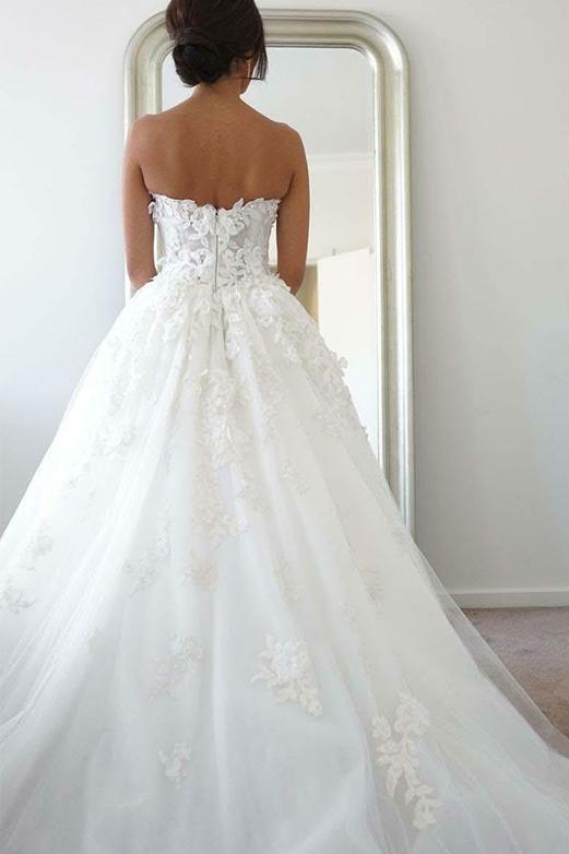 Elegant Strapless Sweetheart Long Wedding Dress With Beading Lace Appliques W1009