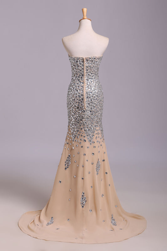 Sexy Mermaid Rhinestone Sweetheart Chiffon Sleeveless Slit Long Prom Dresses RS172