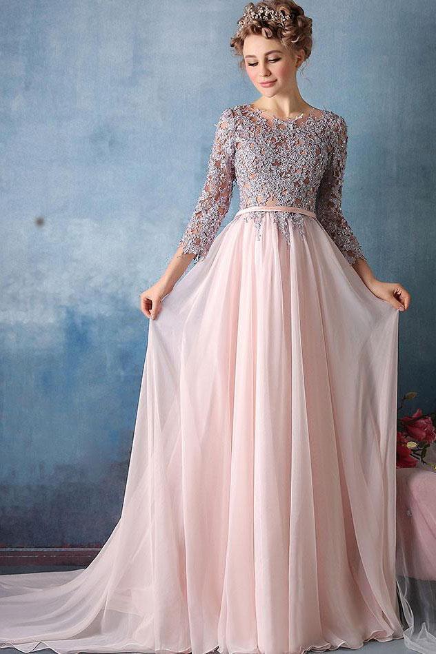 Scoop A-line Pink Chiffon with Silver Lace Appliqued Long 3/4 Sleeves Prom Dresses RS311