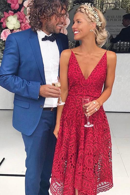 Simple A Line Red Deep V Neck Spaghetti Straps Asymmetrical Lace Bridesmaid Dresses RS989