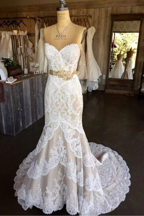 Princess Mermaid Strapless Sweetheart Lace Appliques with Flowers Wedding Dresses RS998