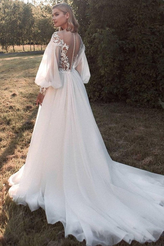 A-Line Long Sleeve Lace Appliques Tulle Wedding Dresses