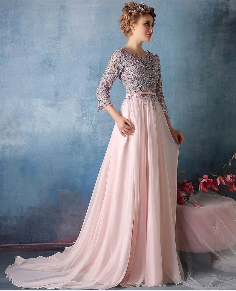 Scoop A-line Pink Chiffon with Silver Lace Appliqued Long 3/4 Sleeves Prom Dresses RS311