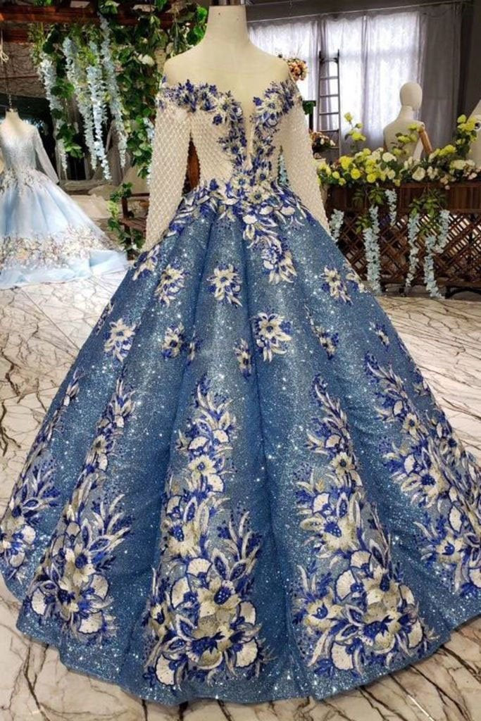 Gorgeous Ball Gown Sheer Neck Long Sleeves Lace up Sequins Appliques Quinceanera Dresses RS970