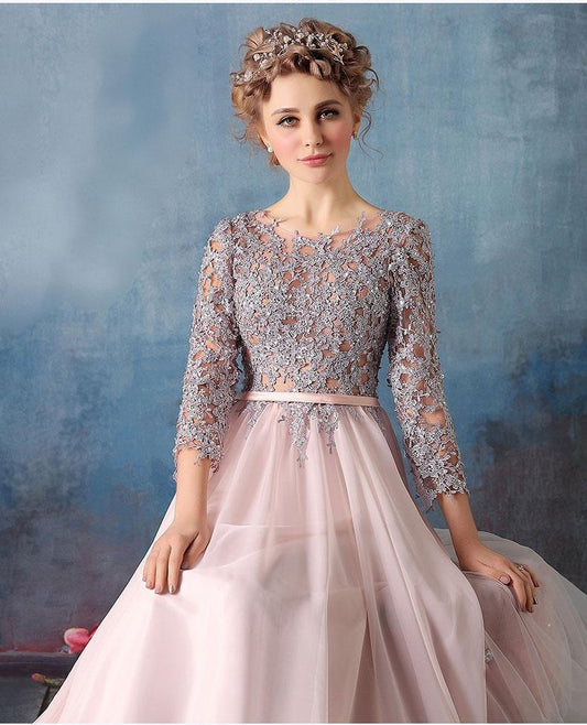 Scoop A-line Pink Chiffon with Silver Lace Appliqued Long 3/4 Sleeves Prom Dresses RS311