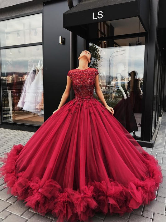 Red Tulle Appliques Ball Gown Round Neck Prom Dress Sweet 16 Dresses Quinceanera Dresses RS464