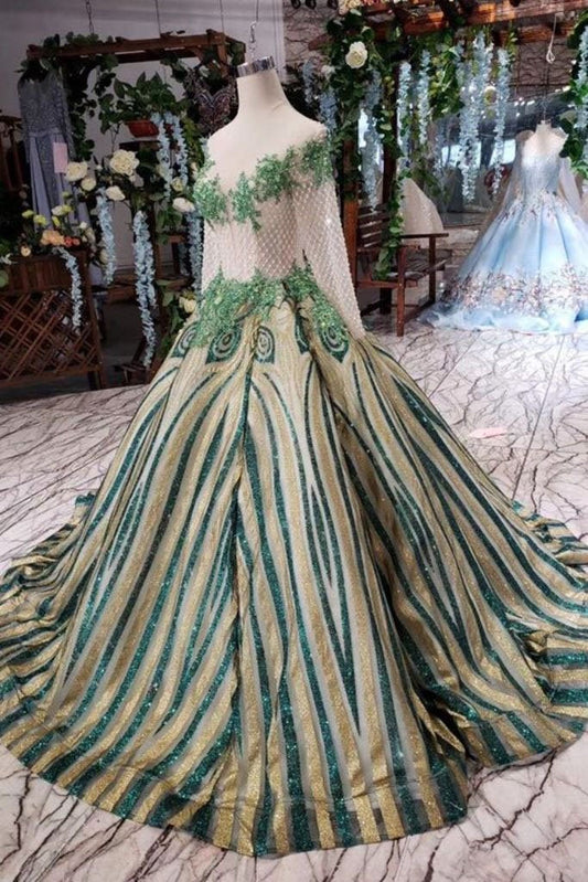 Simple Puffy Long Sleeve Beads Graduation Dresses Sheer Neck Quinceanera Dress RS971