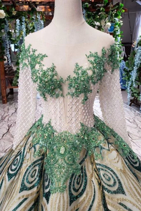 Simple Puffy Long Sleeve Beads Graduation Dresses Sheer Neck Quinceanera Dress RS971