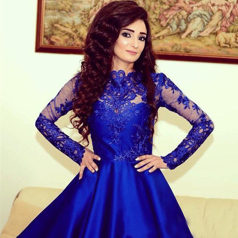 Homecoming Dress Lace Royal Blue Long Sleeves Homecoming Dress Short Prom Dresses RS918