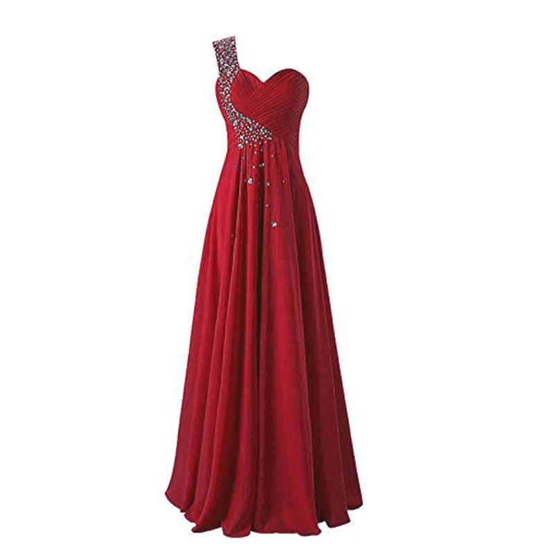 One Shoulder Long Bridesmaid Prom Dresses Chiffon Evening Gowns RS211