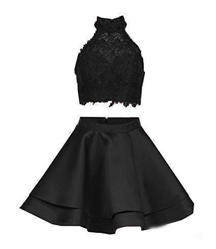 Halter 2 Piece Pink Satin Homecoming Dresses with Lace Mini Short Prom Dresses H1023