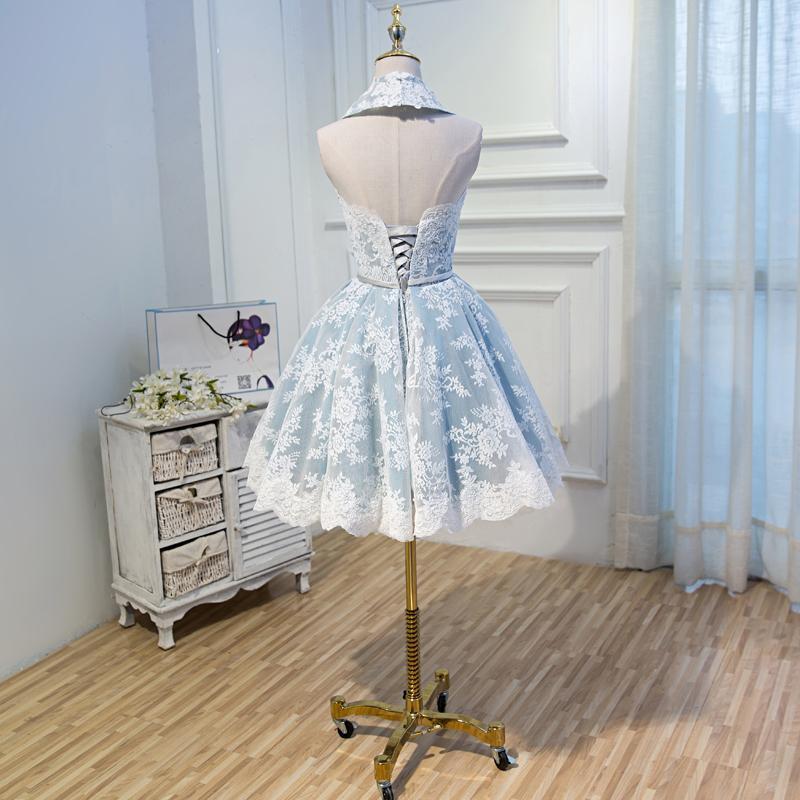 Halter Light Sky Blue Lace Appliques Homecoming Dresses with Lace up Cocktail Dresses H1125