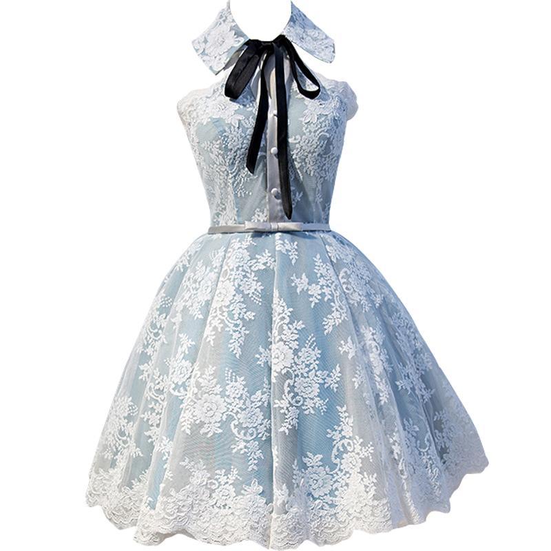 Halter Light Sky Blue Lace Appliques Homecoming Dresses with Lace up Cocktail Dresses H1125