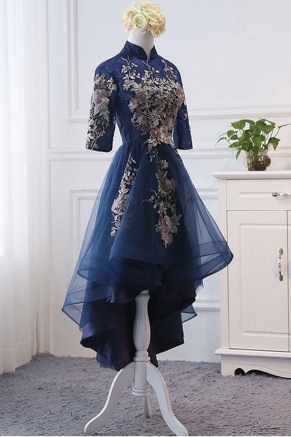 High Neck High Low Dark Navy Half Sleeve Tulle Homecoming Dresses with Appliques H1036