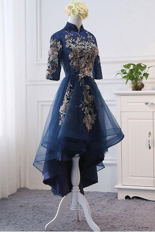 High Neck High Low Dark Navy Half Sleeve Tulle Homecoming Dresses with Appliques H1036