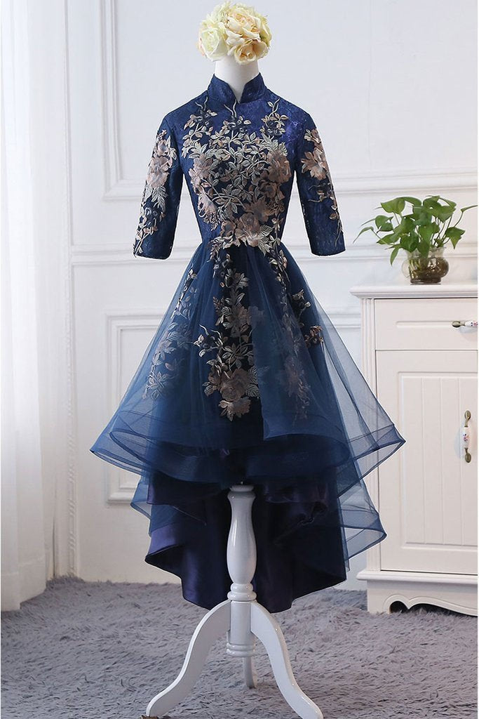 High Neck High Low Dark Navy Half Sleeve Tulle Homecoming Dresses with Appliques H1036