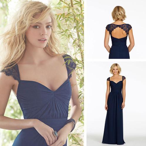 Sexy A-Line Sweetheart Cap Sleeve Lace Open Back Navy Blue Long Bridesmaid Dresses RS80
