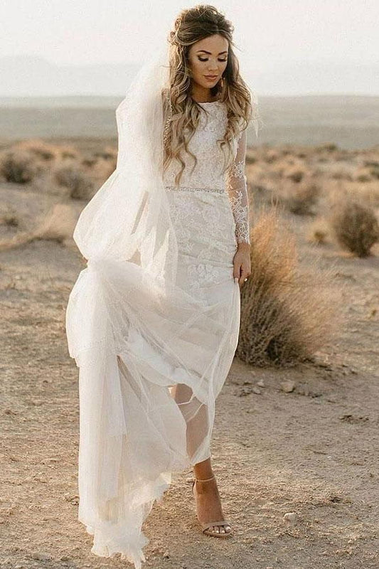 Boho Appliques Ivory Beach Long Sleeve Wedding Dress