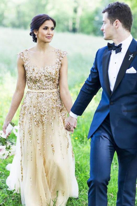 Illusion Neck Beading Long Gold Wedding Dress with Sheer Back, Long Prom Dresses PW936
