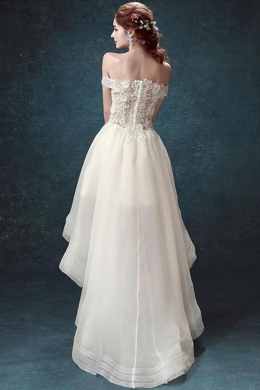 Ivory High Low Off the Shoulder Bridal Dress With Appliques Beach Wedding Dress W1004