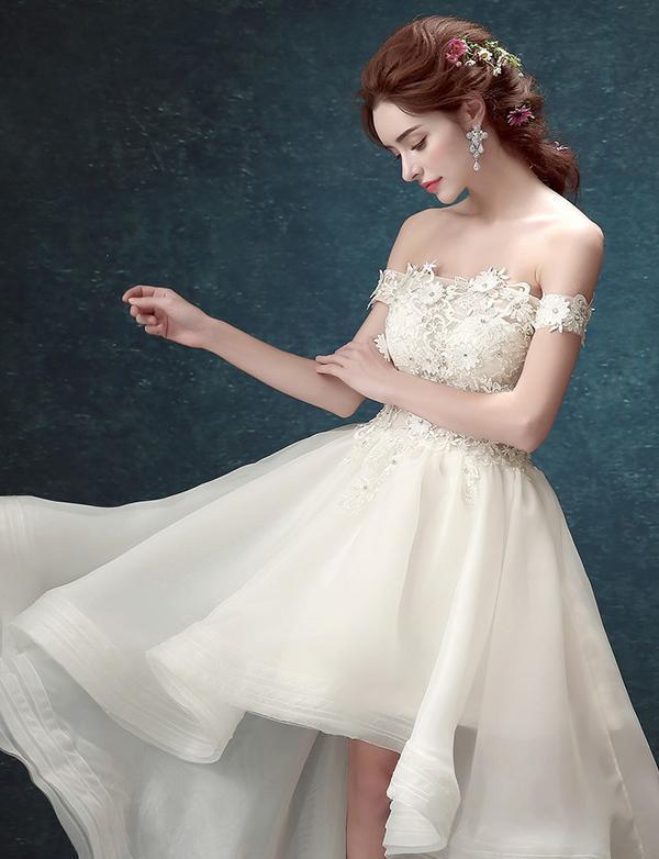 Ivory High Low Off the Shoulder Bridal Dress With Appliques Beach Wedding Dress W1004