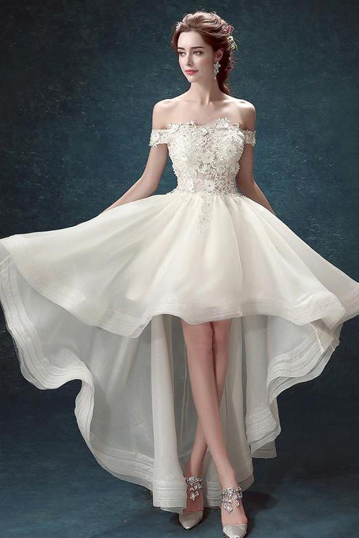 Ivory High Low Off the Shoulder Bridal Dress With Appliques Beach Wedding Dress W1004