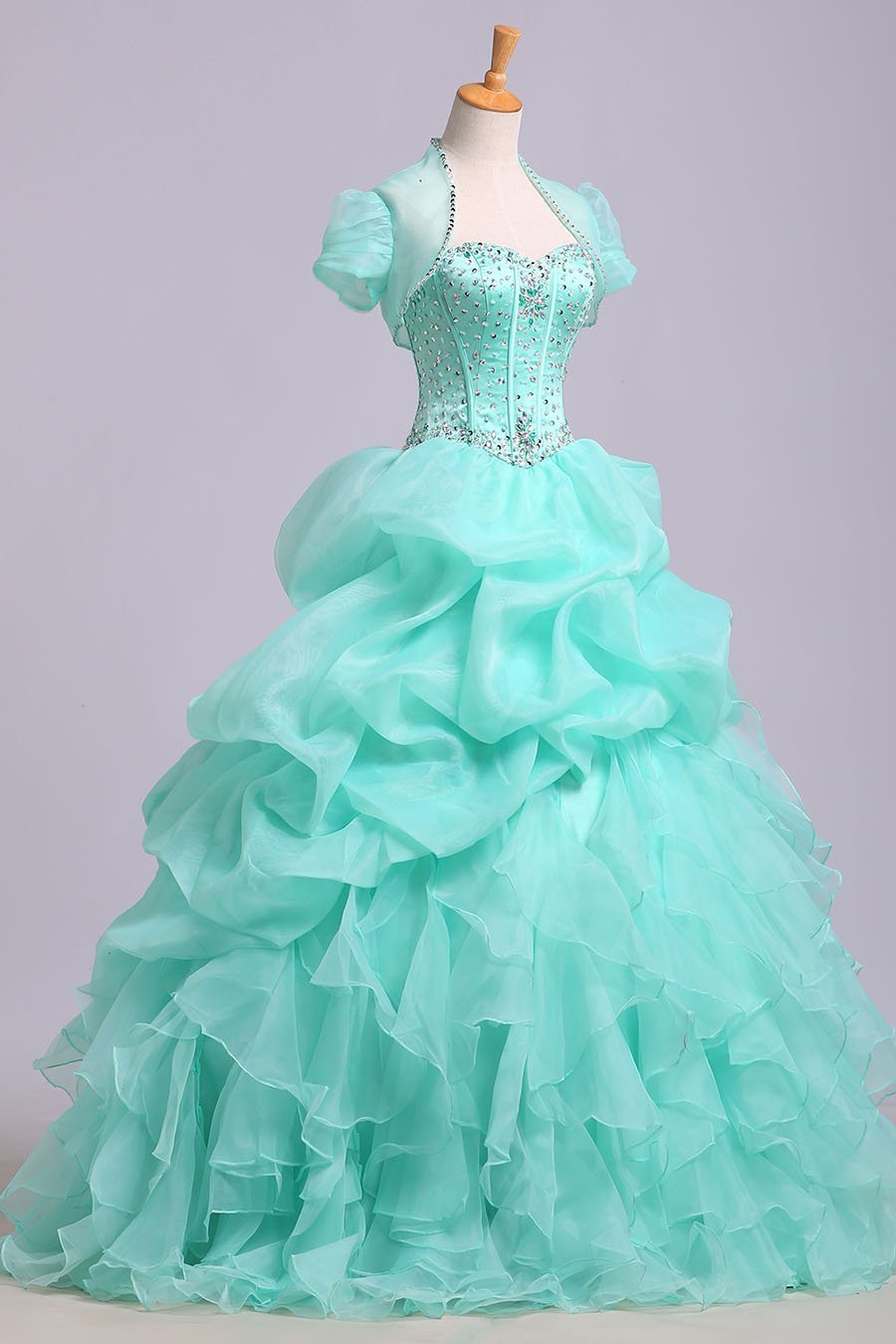 Ball Gown Sweetheart Organza Beads Lace up Ruffles Tiffany Blue Prom Quinceanera Dresses RS178