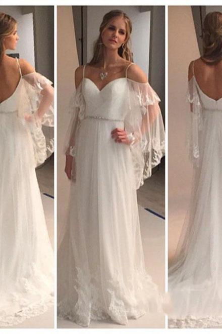 A Line Spaghetti Straps Sweetheart Lace Illusion Sleeves Backless Beach Wedding Dresses RS711