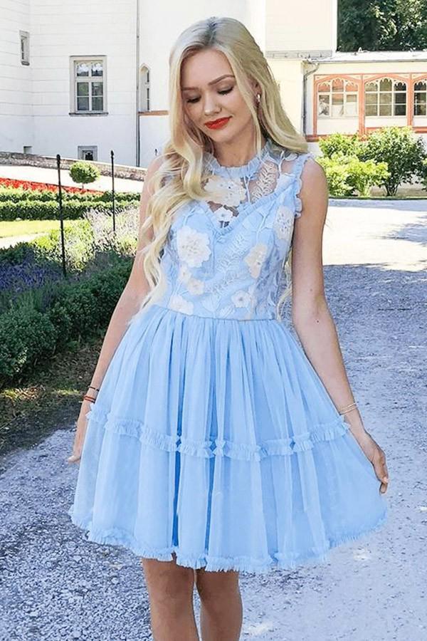 Jewel Short Blue Chiffon Homecoming Party Dress with Lace Straps Appliques Prom Dress H1287